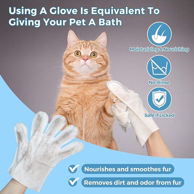 Extra Thick Pet Bathing Wipes for Dogs & Cats, Cleaning & Deodorizing Grooming Gloves, Nourish Fur Glove Wipes for Daily Care and Traveling, Rinse Free, Unscented, 6 PCS