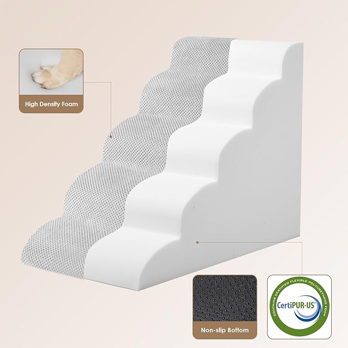 EHEYCIGA Curved Dog Stairs for High Beds 22.6" H, 5-Step Dog Steps for Small Dogs and Cats, Pet Stairs for High Bed Climbing, Non-Slip Balanced Pet Step Indoor, Light Grey