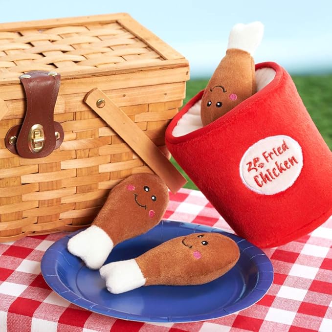 ZippyPaws - Food Buddies Burrow, Interactive Squeaky Hide and Seek Plush Dog Toy - Bucket of Chicken