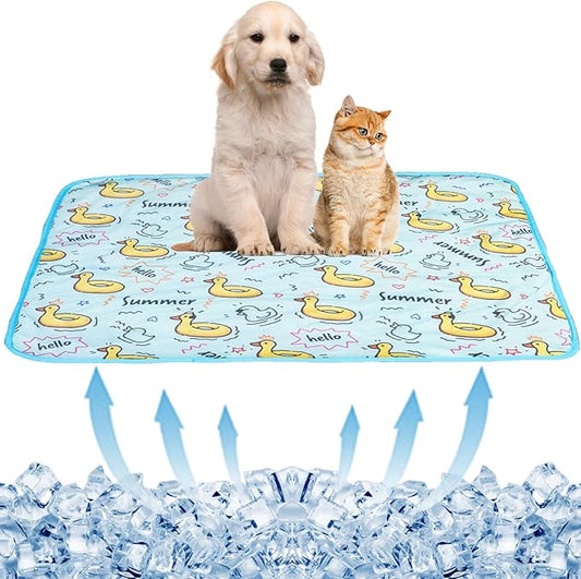 BAMY Cat Cooling Mat Summer Dog Silk Pad Self Cooling Cushion Washable Kitten Ice Blanket with Duck Strawberry Pattern (Blue Duck, L (39.4"x27.6"))