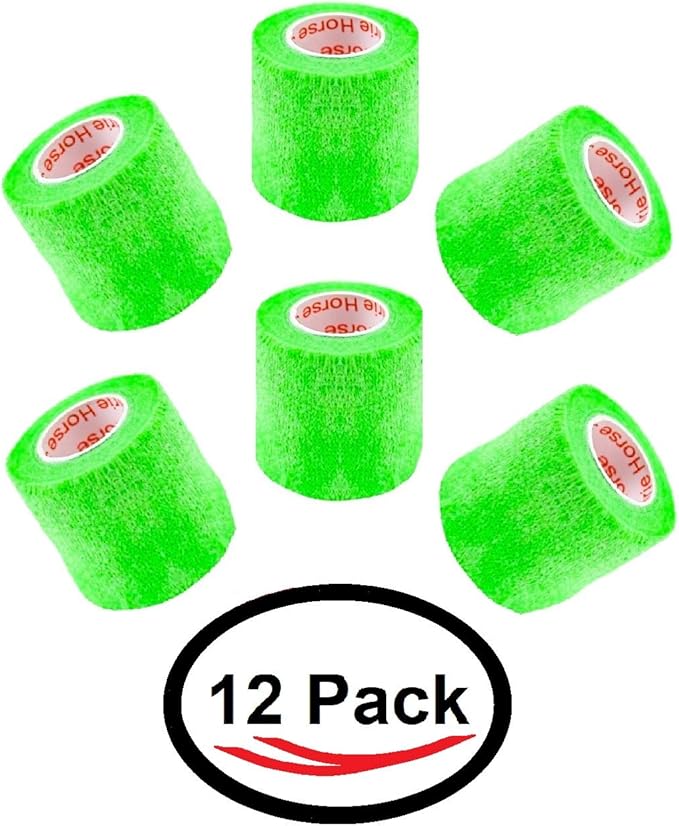 2 Inch Vet Wrap Tape Bulk (Neon Green) (Pack of 12) Self Adhesive Adherent Adhering Flex Bandage Grip Roll for Dog Cat Pet Horse