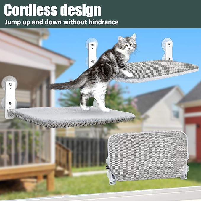 Sunhoo Cat Window Hammock Perch Cordless Perches Window Sill Seat Bed Foldable Stable Lounger Upgraded Suction Cup Easy Assembly Indoor Cats Kitty Shelf Hold Up to 55lbs (light gray, L)