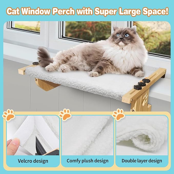 Cat Window Perch Sturdy Cat Window Hammock with Wood and Metal Frame-No Drilling Required-Multiple Ways to Use-Cat Bed for Windowsill,Floor,Bedside or Cabinet-Suitable for Large Cats(M-White Plush)