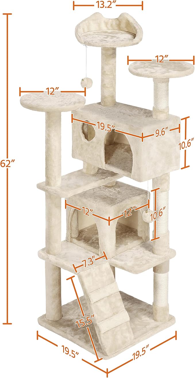 Yaheetech 62in Cat Tree Cat Tower for Indoor Cats, Cat Furniture w/Double Cat Condo, Scratching Posts, Multiple Platforms and Balls for Kittens & Cats, Beige