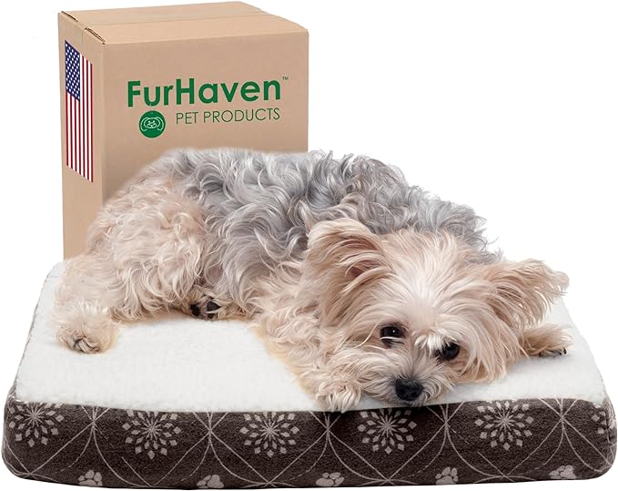 Furhaven Cooling Gel Dog Bed for Small Dogs w/ Removable Washable Cover, For Dogs Up to 20 lbs - Sherpa & Flannel Paw Print Deluxe Mattress - Dark Espresso, Small