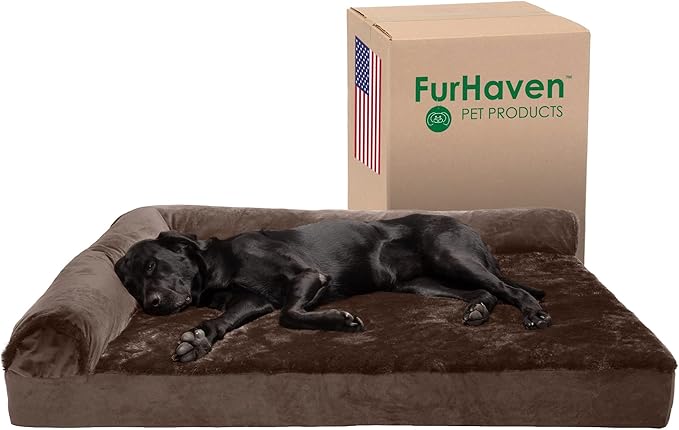 Furhaven Cooling Gel Dog Bed for Large Dogs w/ Removable Bolsters & Washable Cover, For Dogs Up to 125 lbs - Plush & Velvet L Shaped Chaise - Sable Brown, Jumbo Plus/XXL