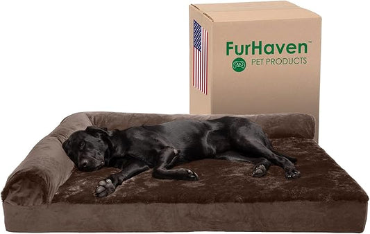 Furhaven Cooling Gel Dog Bed for Large Dogs w/ Removable Bolsters & Washable Cover, For Dogs Up to 125 lbs - Plush & Velvet L Shaped Chaise - Sable Brown, Jumbo Plus/XXL