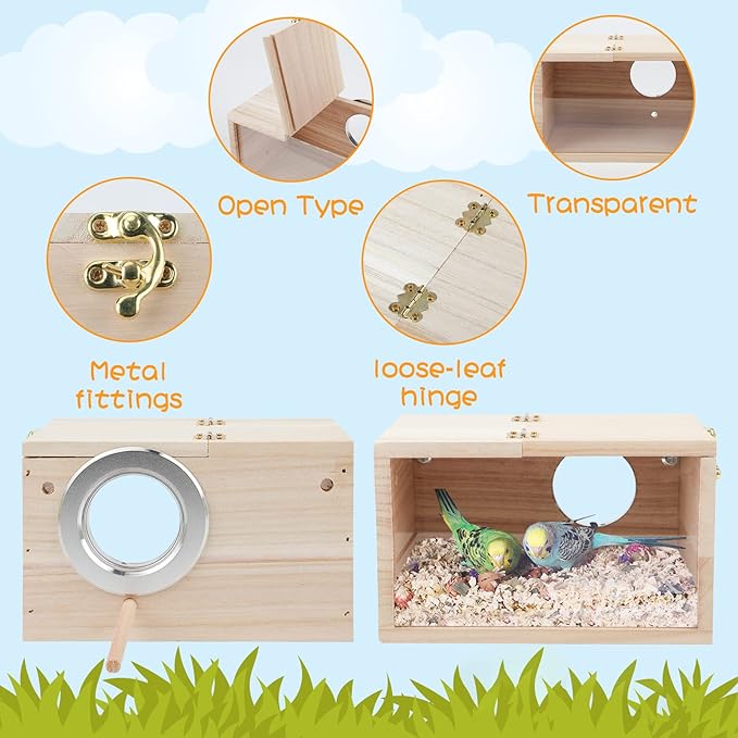 Rypet Parakeet Nesting Box Transparent Design, Bird Nest Breeding Box with Perch Wood Bird Cage House for Cockatiel Lovebirds Budgie Finch Parrotlets Canary