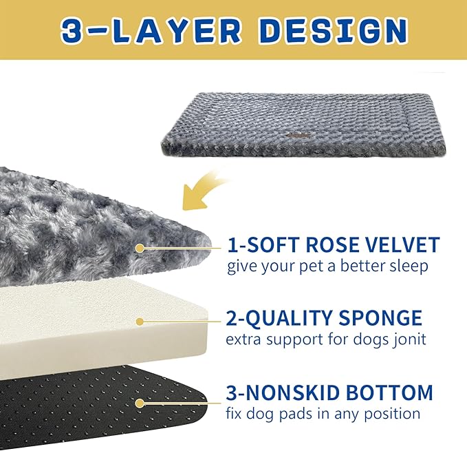 Dog Bed for Crate, Washable Dog Crate Pad with Soft Rose Plush, High Resilience Dog Beds Large Sized Dog