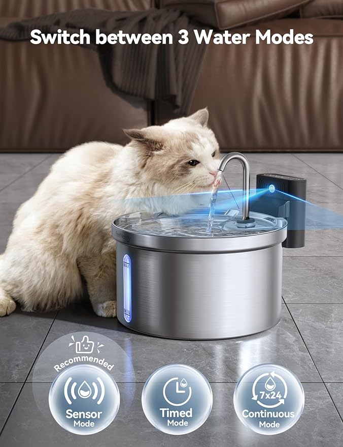 Wireless Cat Water Fountain [Water & Battery Separation] FEELNEEDY Stainless Steel Automatic Pet Water Dispenser, 4000mAh Battery Operated Water Fountains for Cats Dogs - 3.5L/118oz