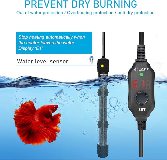 YukiHalu Small Submersible Aquarium Heater, Adjustable Mini Fish Tank Heater 25W 50W 100W 200W 300W with External Temperature Controller, LED Display, Used for 5/10/20/40/60 Gallons (200 Watts)