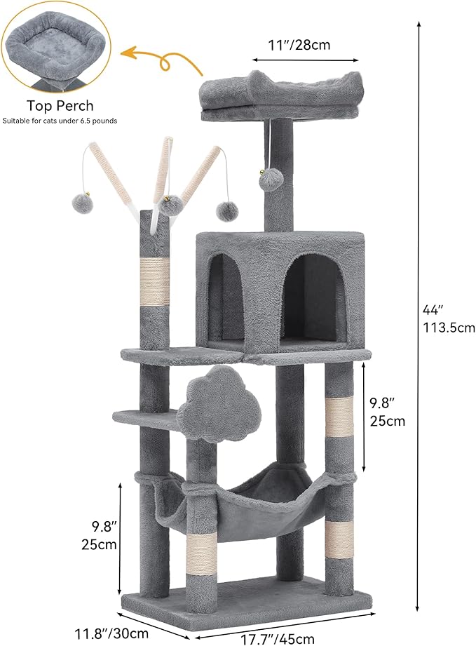 YITAHOME 44in Cat Tree Tower for Indoor Cats, Multi-Level Cat Furniture with Scratching Posts, Cat Window Padded Plush Perch, Cozy Hammock, Funny Pompoms for Kittens Pet Play House, Light Gray