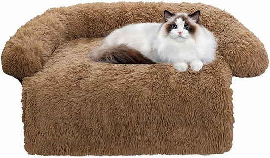 Calming Dog Bed Fluffy Plush Dog Mat for Furniture Protector with Removable Washable Cover for Large Medium Small Dogs and Cats (XS(31“x27.5”x5), Light Brown)