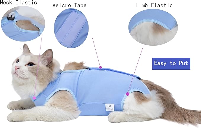 Cat Surgery Recovery Suit Female Kitten Cat Onesie for Cats After Surgery Spay Surgical Abdominal Wound Skin Diseases Cone Collar Soft Alternative Wear (Blue, M)