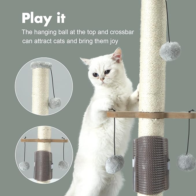 Cat Scratching Post Sisal Vertical Scratcher Posts for Indoor Cats and Kittens,Three Hanging Ball Toy and Self-Grooming Brush,26inches Cat Scratch Pole Grey