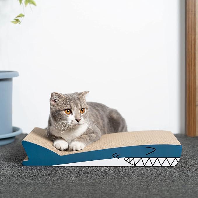 Conlun Cat Scratcher Cardboard Cat Scratch Pad with Premium Scratch Textures Design Durable Cat Scratching Pad Reversible Shark 15.7L x 9W x 2.6H