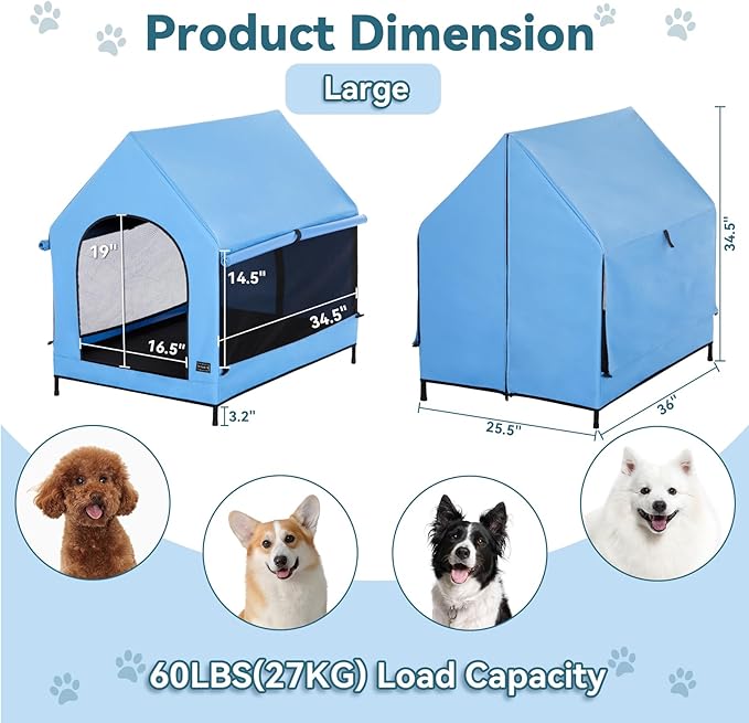 Petsfit 36 Inch Elevated Pet Dog House, Portable Large Dog House with Removable Cover for Indoor and Outdoor, Waterproof Raised Dog Houses for Large Dogs Outside,Blue,36L x 25.2W x 35.3H Inches