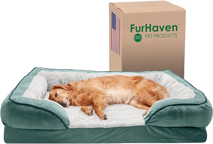 Furhaven Cooling Gel Dog Bed for Large Dogs w/ Removable Bolsters & Washable Cover, For Dogs Up to 95 lbs - Plush & Velvet Waves Perfect Comfort Sofa - Celadon Green, Jumbo/XL, 40.0" x 32.0"x 9.5"