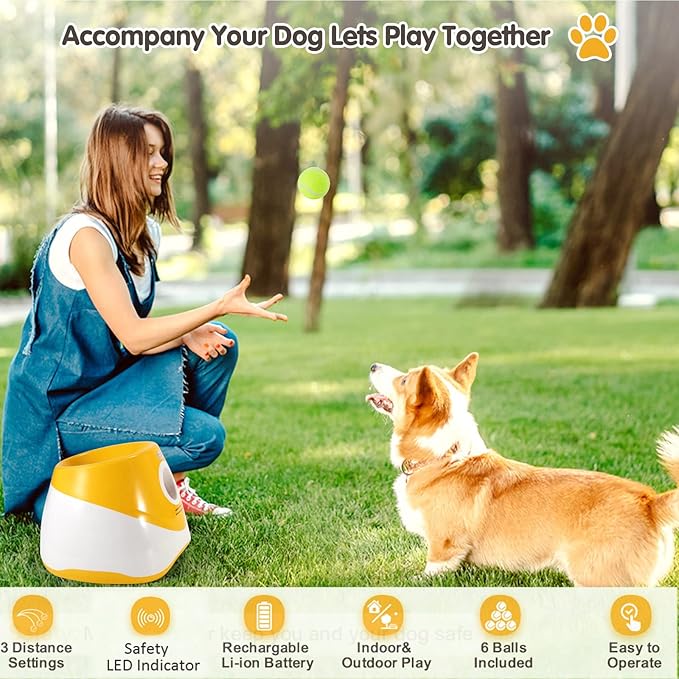 SOCO Automatic Ball Launcher for Small and Medium Dogs, USB Rechargeable Ball Thrower,10-30 Ft, Indoor& Outdoor Tennis Ball Thrower, 6PCS Mini Tennis Balls Included,Orange