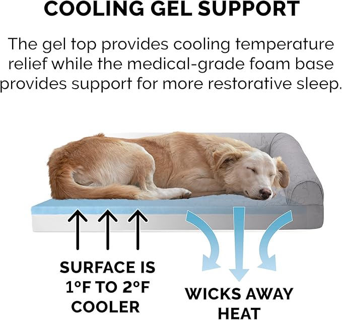 Furhaven Cooling Gel Dog Bed for Large Dogs w/ Removable Bolsters & Washable Cover, For Dogs Up to 95 lbs - Pinsonic Quilted Paw L Shaped Chaise - Titanium, Jumbo/XL