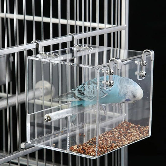 Automatic Bird Feeder No Mess Bird Cage Pet Feeder Seed Food Container for Parakeet Canary Cockatiel Parrot Finch Canary Acrylic (5.1 x 5.1 x 4.3 inch)