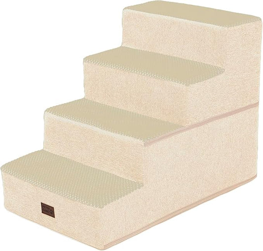 Dog Stairs for Small Dogs - Foam Pet Steps for High Beds and Couch, Non-Slip Folding Dog Steps Portable Pet Stairs for Large Dog and Cats,4 Step, Beige