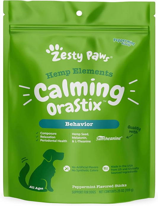 Zesty Paws OraStix for Dogs - Calming Dental Sticks for Stress with Hemp Melatonin Chamomile Dog Healthy Teeth and Gums Calm Composure for Fireworks and Thunderstorms - 25oz