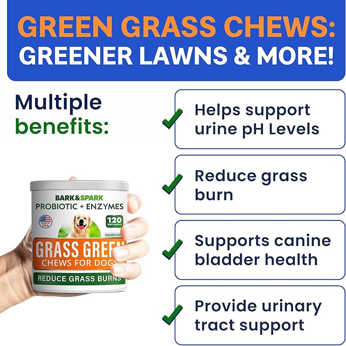 BARK&SPARK Green Grass Chews - Pee Grass Spot Saver Caused by Dog Urine - Urine Neutralizer for Lawn, Gut Health Probiotics & Digestive Enzymes,Lawn Burn from Dog Urine, Grass Burn Spot Chews, Rocks