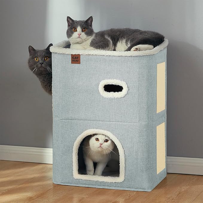 CATBOAT 2-Storey Cat House for Indoor Cats Bed, Covered Cat Beds & Furniture with Scratch Pad and Hideaway Cave, Cute Modern Cat Condo for Multi Small Pet Large Kitten Kitty, Light Grey