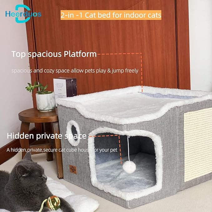 Cat Bed for Indoor Cats,Covered Cat Cave House & Furniture with Scratch Pad,Foldable Cat Hideaway Hut Cute Cat Condo with Soft Washable Mat for Multi Small Pet Under 30 lbs,Green