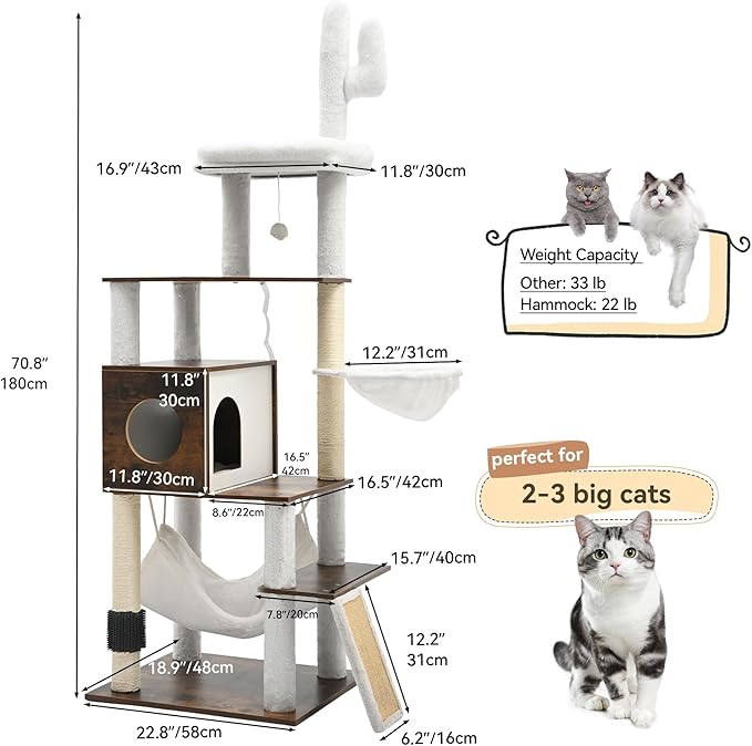 YITAHOME Modern Cat Tree for Indoor Cats with Self-Grooming Brush, 69" Tall Wooden Cat Tower with Condo, Hammock, Scratching Post, Board, Removable Pads for Kittens Big Cats，Rustic Brown