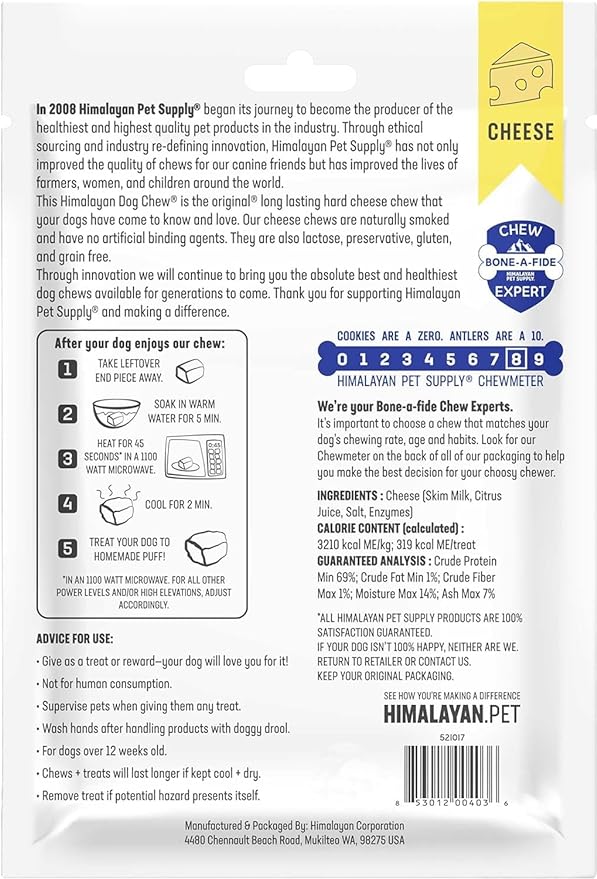 Himalayan Dog Chew Premium Yak Cheese Himalayan Dog Chews, Cheese, 5 XL/Large Treats, 3.3 oz, Dog Treats Large Breed, All Natural, Long Lasting Dog Chews for Aggressive Chewers, Dogs Under 65 lbs