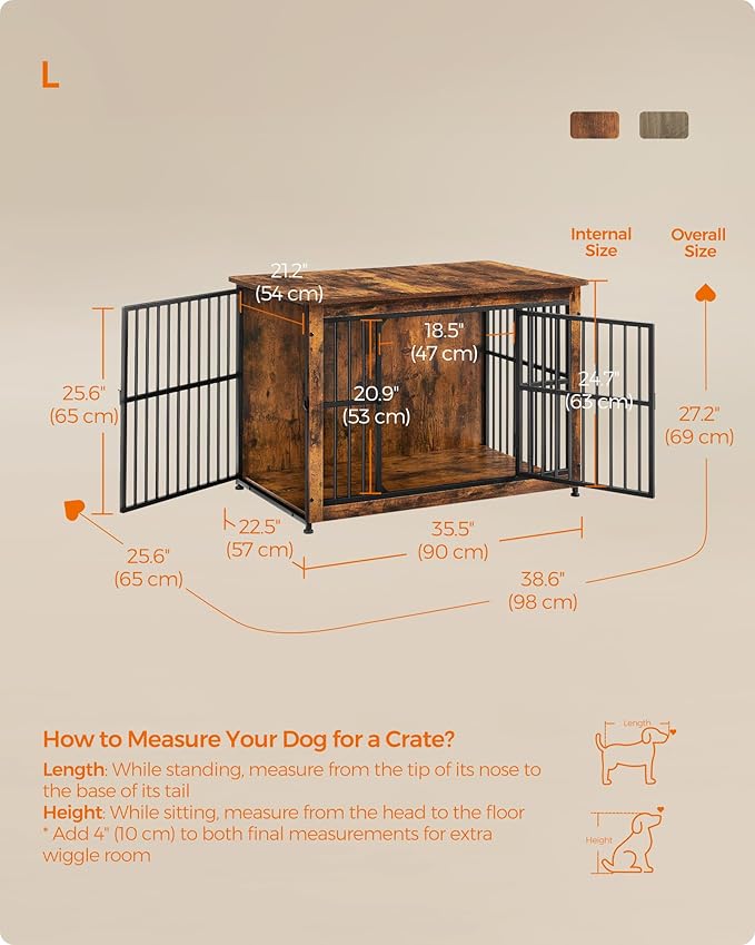 Feandrea Dog Crate Furniture, Side End Table, Modern Kennel for Dogs Indoor up to 70 lb, Heavy-Duty Dog Cage with Enclosed Base, Double-Door Dog House, Rustic Brown UPFC023X01