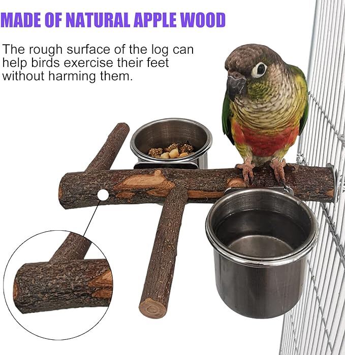 Bird Feeding Dish Cups, Hanging Stainless Steel Parakeet Feeder, Bird Feeder for Cage & Watering Supplies with Natural Wood Perch Platform for Parakeet Cockatiels Conure Budgies Lovebird Finch