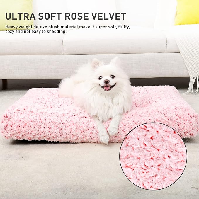 KSIIA Washable Dog Bed Deluxe Plush Dog Crate Beds Fulffy Comfy Kennel Pad Anti-Slip Pet Sleeping Mat for Large, Jumbo, Medium, Small Dogs Breeds, 29" x 21", Pink