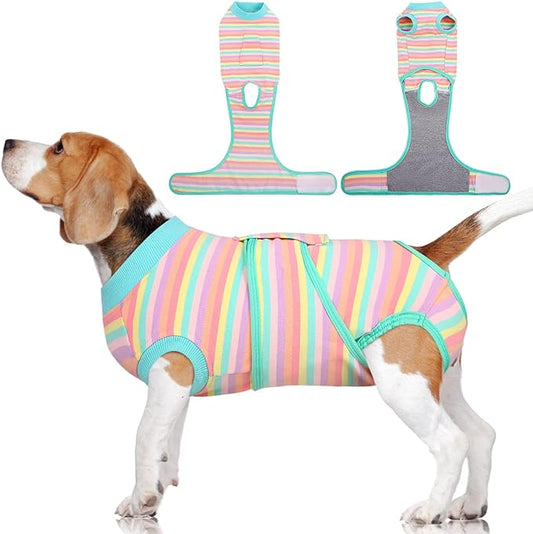 FUAMEY Recovery Suit for Dogs After Surgery,Soft Breathable Dog Bodysuit E-Collar & Cone Alternative Surgical Suit,Male Female Dog Neuter Spay Suits Anti Licking Wounds Onesie Mint Green Stripes XL