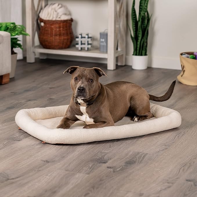 Furhaven Dog Bed for Large/Medium Dogs, 100% Washable, Sized to Fit Crates - Sherpa Fleece Bolster Crate Pad - Cream, Large, 36.0"L x 23.0"W x 2.7"Th