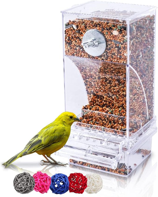 Hamiledyi Automatic Parrot Feeder for Lovebirds, Transparent Seed Container, Acrylic Cage Accessories, No Mess Food Dispenser for Small and Medium Birds