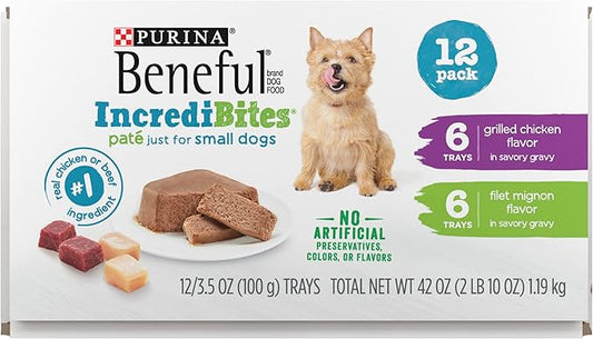 Beneful IncrediBites Grilled Chicken Flavor and Filet Mignon Flavor Wet Food for Small Dogs Variety Pack - 3.5 Ounce (Pack of 12)