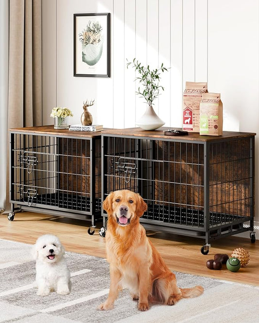 Dog Crate Furniture, 2024 Deluxe Wooden Dog Kennel with Removable Tray and Wheels, Heavy-Duty Double-Doors 38.6" Dog Cage End Table, Indoor Dog House for Large Dogs (Brown & Black, Large)