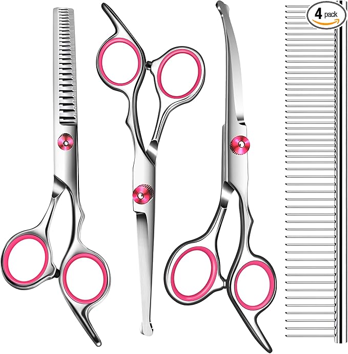 Pink Dog Grooming Scissors with Safety Round Tip,Professional Dog Grooming Kit,Dog Hair Shears Set,Incude Thinning Curved Straight Scissors and Comb for Pets.Suitable for The Right Hand