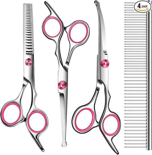 Pink Dog Grooming Scissors with Safety Round Tip,Professional Dog Grooming Kit,Dog Hair Shears Set,Incude Thinning Curved Straight Scissors and Comb for Pets.Suitable for The Right Hand