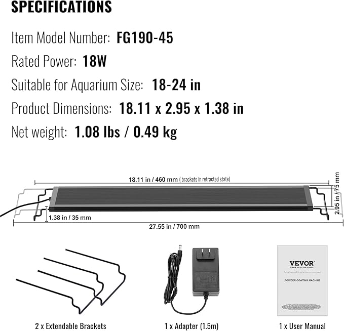 VEVOR Aquarium Light, 18W Full Spectrum Fish Tank Light with 24/7 Natural Mode, Adjustable Timer & 5-Level Brightness, with Aluminum Alloy Shell Extendable Brackets for 18"-24" Freshwater Planted Tank
