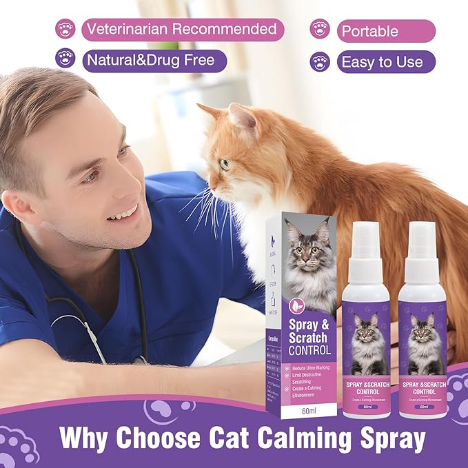 Cat Calming Spray 2Pack Cat Pheromone Spray - Quickly Relieve Stress Reduces Scratching Furniture Peeing Helps Relieve Scratching Marking Anxiety Supports Relief for Fireworks,Travel,Vet Visits 120ml