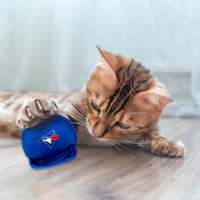 BEST PLUSH CAT TOY - MLB TORONTO BLUE JAYS Complete Set of 3 piece Cat Toys filled with Fresh Catnip. Incld: 1 Baseball Cap Cat Toy, 1 Baseball Cat Toy with Feathers & 1 Beer Bottle. Team LOGOS