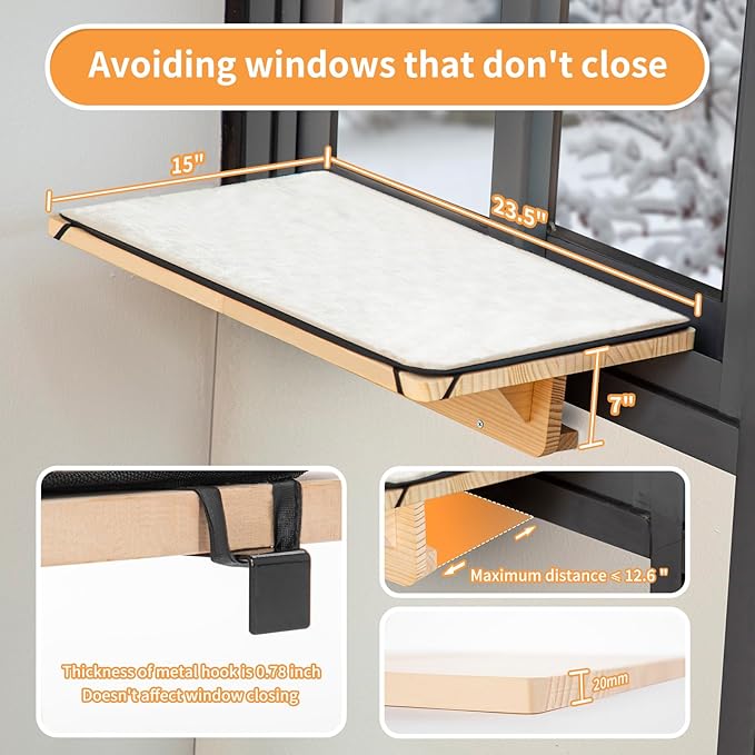 Petsfit 2 Cats Design Cat Window Perch, Natural Wood with Removable Fleece Mat Space Saving Cat Window Seat for Cats