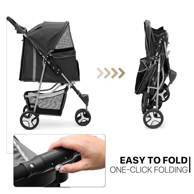 MoNiBloom Foldable Pet Stroller with Weather Cover, 3 Wheels Pet Strolling Cart for Small/Medium Dogs and Cats with Storage Basket and Cup Holder, Breathable and Visible Mesh for All-Season, Black