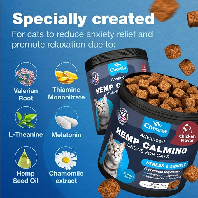 Cat Calming Treats - Hemp Calming Care for Cats - Cat Anxiety Relief - Cat Melatonin Soft Chews with Hemp Seed Oil, L-Tryptophan - Calming Chews for Cats - Storms, Travel, Grooming, Separation