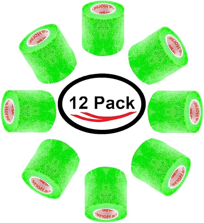 2 Inch Vet Wrap Tape Bulk (Neon Green) (Pack of 12) Self Adhesive Adherent Adhering Flex Bandage Grip Roll for Dog Cat Pet Horse