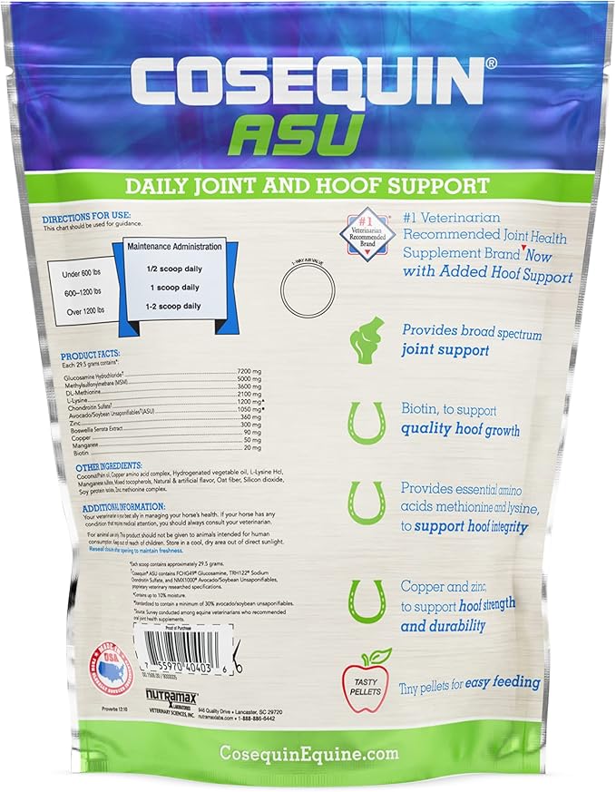 Nutramax Laboratories Cosequin ASU Joint & Hoof Pellets Joint Health Supplement for Horses - Pellets with Glucosamine, Chondroitin, MSM, and Biotin, 1200 Grams